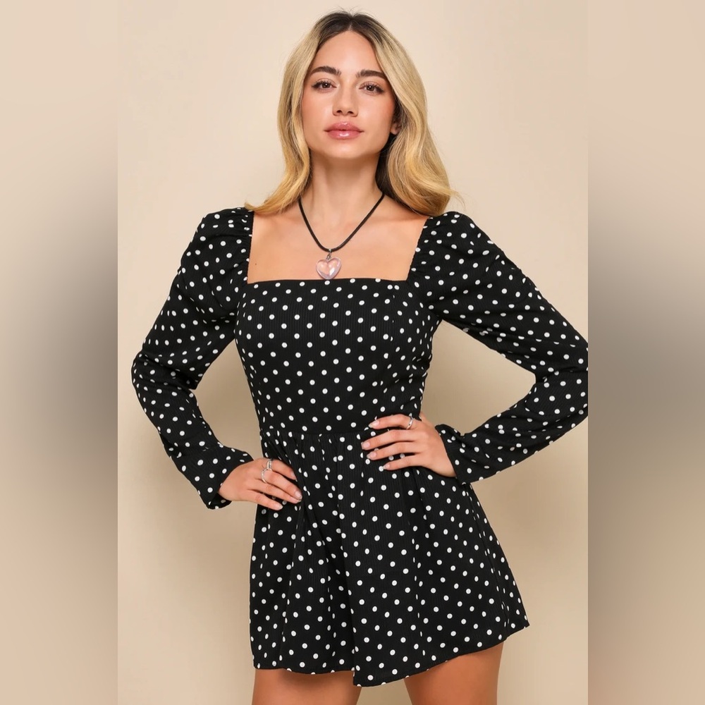 Lulus Size Large Women’s Charmed and Classy Black Polka Dot Long Sleeve Romper